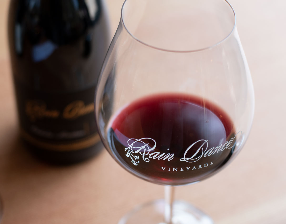 Full glasses of Pinot noir at Rain Dance vineyards