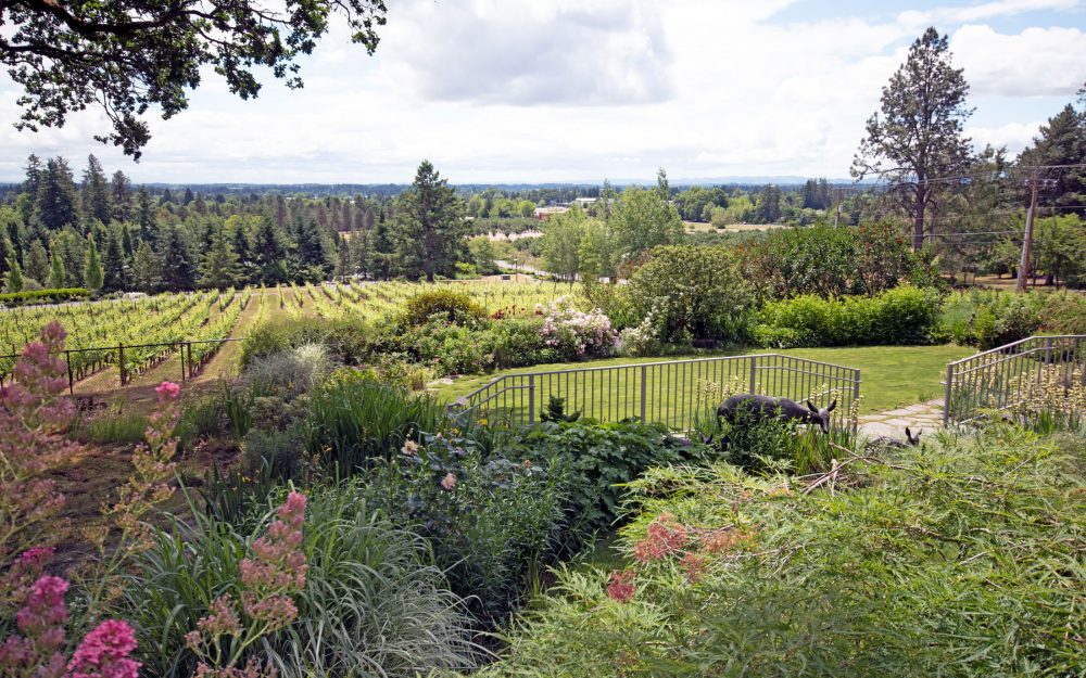 Patio and flower-filled gardens at Rain Dance Vineyards